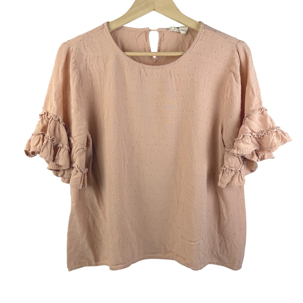 Betsey's Boutique Shop Blush Swiss Dot Ruffle Sleeve Boho Peasant Top M